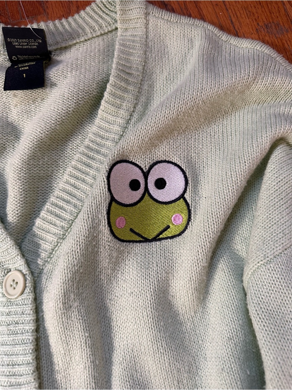 Keroppi Embriodered Button-Front Cardigan Sweater - Light Green - Picture 5 of 10